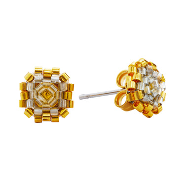 Aretes Diamantes 1 Redondo Dorado Cortos Gris